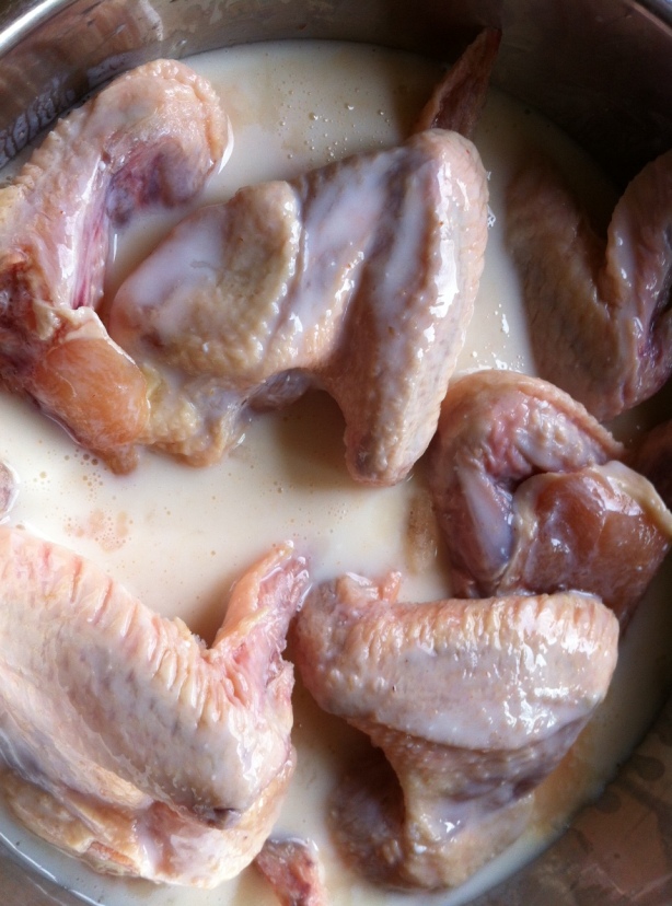Chicken soaking in buttermilk/hot sauce mixture overnight.